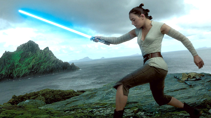 Rey practicing with light Saber in The Last Jedi